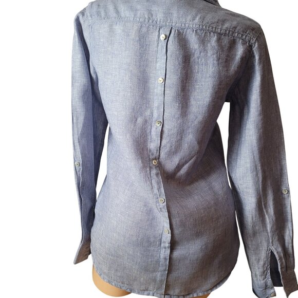 Sigrid Olsen 100% Linen Blue Long Sleeve Button-Up Shirt w/Button freature - Picture 7 of 12